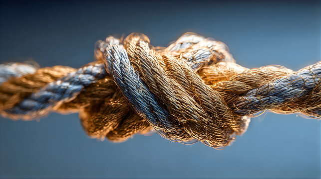 Close up macro shot of a thick rough rope tied in a knot