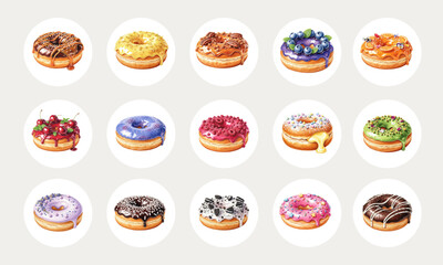 Watercolor Variety Set of Colorful Glazed Donuts and Doughnuts
