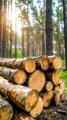 Sunlight filters through pine trees, illuminating stacked logs
