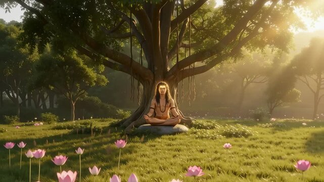 A sage meditates peacefully under a sprawling banyan tree in a serene forest, radiating wisdom, calm, and spiritual harmony.