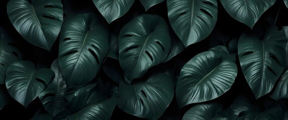 Dark Monstera Leaf Pattern Background &mdash; Lush Tropical Green Foliage Texture.