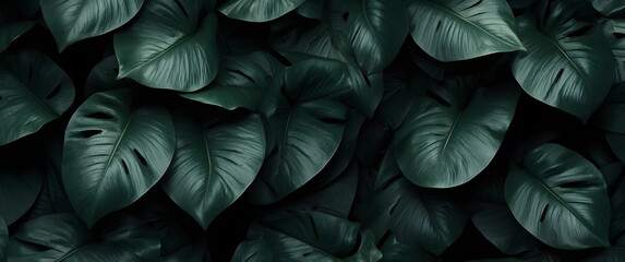 Dark Tropical Monstera Leaves Background &mdash; Lush Green Foliage Texture.