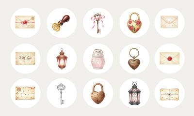 Watercolor Vintage Love Letters and Romantic Accessories Collection