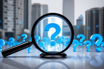 Magnifying Glass Investigating Blue Question Mark in Cityscape for Business Analysis, Research, and Solution Finding