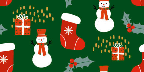 Festive Christmas Seamless Pattern with Snowmen and Stockings