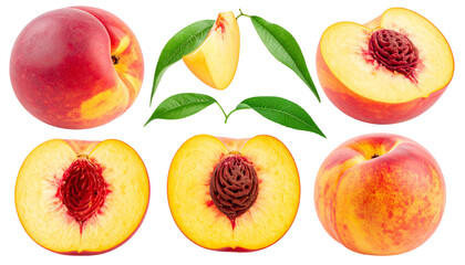 set of peach fruit with half slice and green leaves isolated on white and transparent, background Remove png