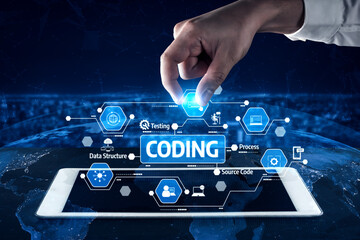 A hand interacts with a vibrant digital coding interface on a tablet, featuring elements like data structure, testing, and source code against a global network backdrop. Tessel