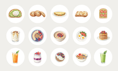 Watercolor Collection of Healthy Breakfast Meals and Snacks