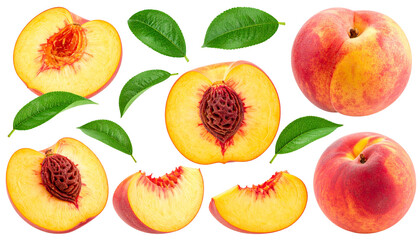 set of peach fruit with half slice and green leaves isolated on white and transparent, background Remove png