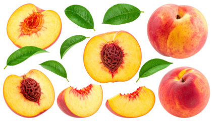set of peach fruit with half slice and green leaves isolated on white and transparent, background Remove png