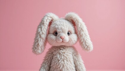 Cute Fluffy Bunny Doll Standing Against a Soft Pink Background With Large Expressive Eyes