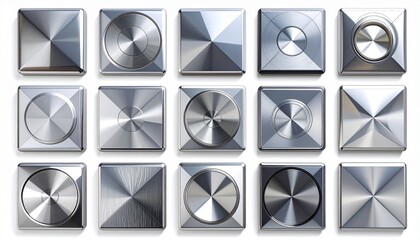 Metallic button grid with beveled textures, radial gradients, and chrome finishes on black background.