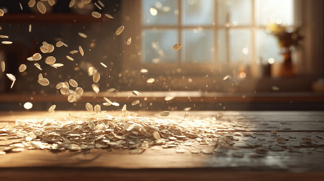 Golden grains cascading onto a wooden surface, illuminated by the sun's gentle rays