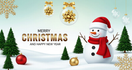 Merry Christmas and Happy New Year Banner with 3D Snowman, Golden Ornaments, Snowflakes, and Snowy Winter Landscape Holiday Background