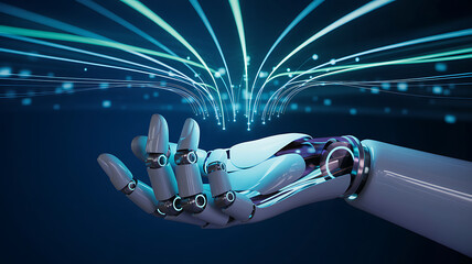 Robotic hand interacting with flowing digital data streams in a futuristic AI environment showcasing advanced technology innovation and intelligent automation concept