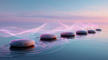 Glowing Pink Waves Flowing Above Smooth Zen Stones on Calm Water at Sunset © Designbrisa