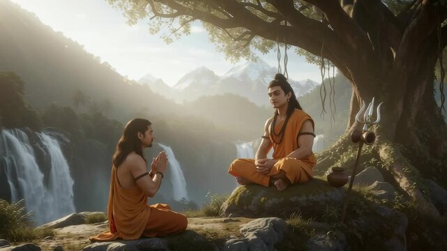 A wise sage imparts knowledge to a young disciple beneath a large tree, with cascading waterfalls in the background.