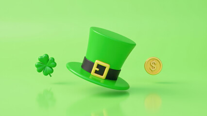 Floating green leprechaun top hat with golden buckle accompanied by four leaf clover and gold dollar coin on light green background with ample copy space, concept of saint patricks day