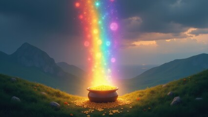 Magical pot of gold coins at the end of a glowing rainbow on lush green hill under starry night sky with sparkling particles, concept of saint patricks day, irish folklore marketing