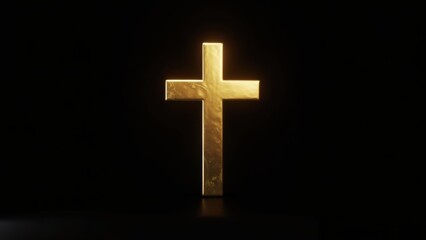 Fototapeta premium Golden christian cross glowing brightly against dramatic black background with subtle inner light, concept of easter faith, religious inspiration, church branding, spiritual events
