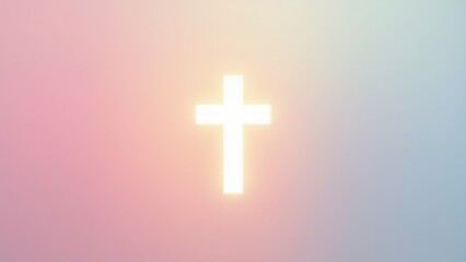 Fototapeta premium Glowing white christian cross radiating soft light centered on pastel gradient pink to blue background, concept of easter resurrection, christian faith, religious greeting cards