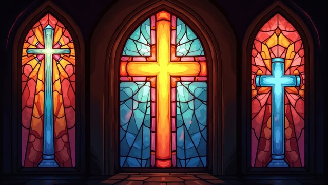 Three glowing stained glass church windows with radiant crosses in vibrant colors inside gothic cathedral interior, concept of christian faith, easter worship, religious inspiration, spiritual events - Powered by Adobe
