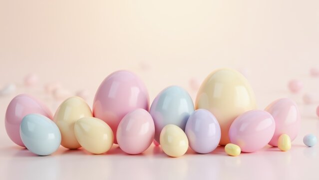 Collection of glossy pastel easter eggs in soft pink blue yellow and lavender scattered on light beige background, concept of easter holiday, spring celebrations, family greetings, seasonal promotions - Powered by Adobe