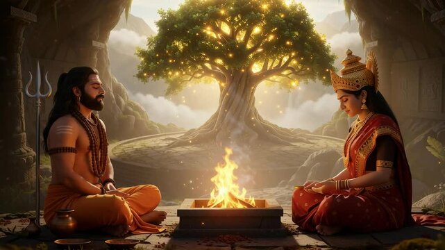 Two revered sages perform a sacred ritual beneath a glowing golden tree, surrounded by divine light and calm spiritual energy