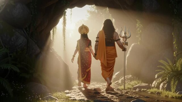 Two sages emerge calmly from an ancient cave passage, silhouettes framed by soft natural light.