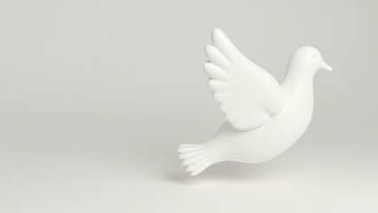 Fototapeta premium White dove flying gracefully against soft light gray background with significant empty space for text, concept of holy spirit, peace symbol, easter celebrations, christian faith, wedding invitations