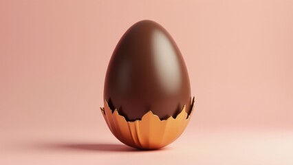 Luxurious chocolate easter egg with cracked golden shell revealing smooth cocoa interior on soft peach background, concept of easter celebrations, premium confectionery, luxury holiday gifts