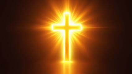 Radiant golden cross emitting powerful divine light rays against dark background with dramatic glow, concept of christian faith, easter celebrations, spiritual inspiration, religious events