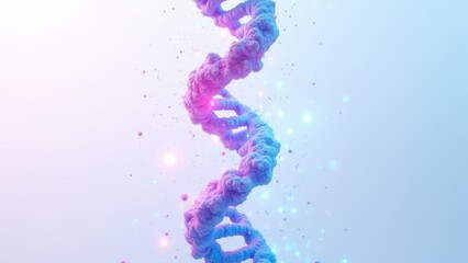 Glowing double helix dna strand in vibrant pink and blue with sparkling light particles on soft gradient background, concept of biotechnology, medical research, genetic science