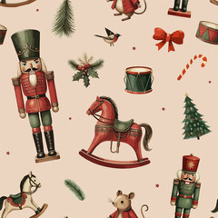 Seamless Christmas Pattern with Nutcracker and Toys