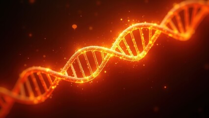 Fiery orange glowing dna double helix radiating intense light and sparkling particles on dark background, concept of genetic breakthrough, biotechnology revolution, medical innovation, scientific disc