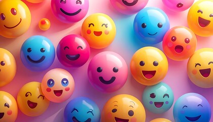 Emoji ball grid with colorful facial expressions on light surface casting shadows from left light source.