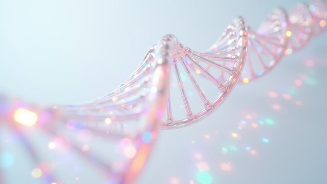 Iridescent chrome dna double helix with rainbow reflections floating against soft pastel bokeh background, concept of genetic research, biotechnology innovation, medical science, beauty wellness