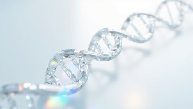 Crystal clear glass dna double helix with rainbow light refractions floating against soft white background, concept of genetic purity, advanced biotechnology, medical innovation, luxury health science