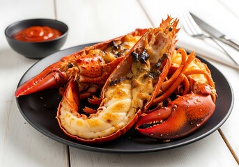 Grilled Lobster Halves with Dipping Sauce on a Black Plate.