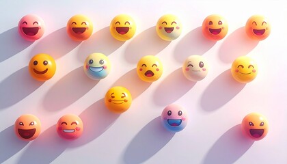 Emoji ball grid with colorful facial expressions on light surface casting shadows from left light source.