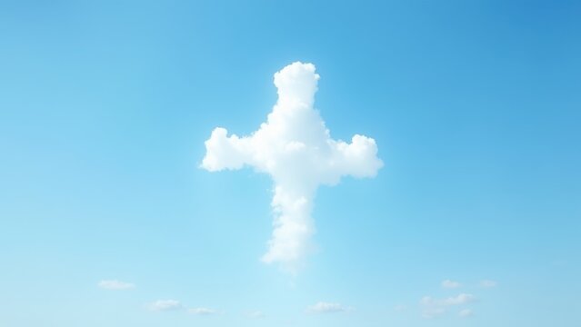 Fluffy white cloud shaped like christian cross floating in clear blue sky with significant empty space, concept of easter faith, divine sign, spiritual hope, religious inspiration