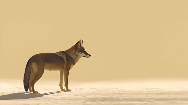 A lone coyote stands in the vast,  sundrenched desert,  its fur blending seamlessly with the sandy landscape,  creating a harmonious scene