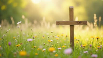 Small wooden cross standing among delicate white daisies in sunlit spring meadow with soft bokeh background, symbol of hope and resurrection, concept of christianity, easter, funeral service