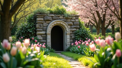 Fototapeta premium Stone mausoleum entrance in blooming spring garden, ancient rock tomb with arched doorway surrounded by pink cherry blossoms and yellow white tulips along stone path