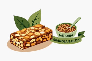 Illustration celebrating National Granola Bar Day with a granola bar, green leaves, and a bowl of granola with a spoon.