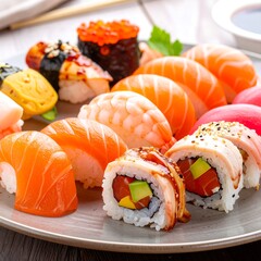 Sushi platter with various rolls and nigiri