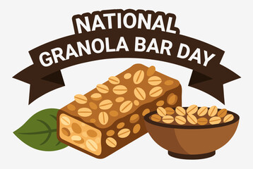 An illustration celebrating National Granola Bar Day with a granola bar, a bowl of granola, and a green leaf.