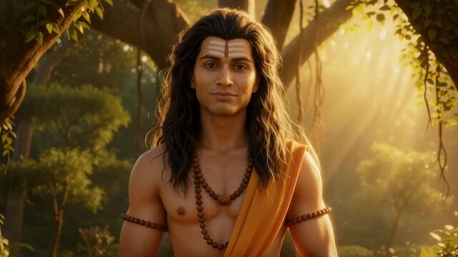 A young monk stands quietly in a forest bathed in soft golden light, radiating calm and inner peace. The warm glow filtering through the trees enhances the serene and spiritual atmosphere.