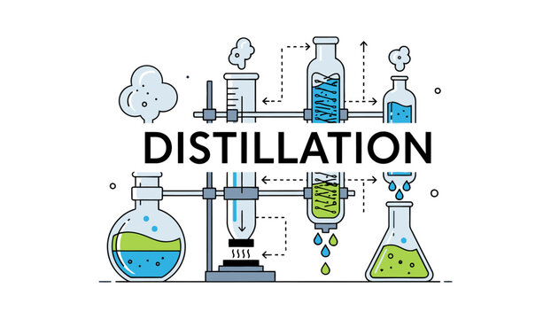 A colored line illustration diagram depicting the distillation process in a laboratory.