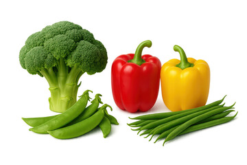 Fresh healthy vegetables: broccoli, bell peppers, and peas on transparent background.